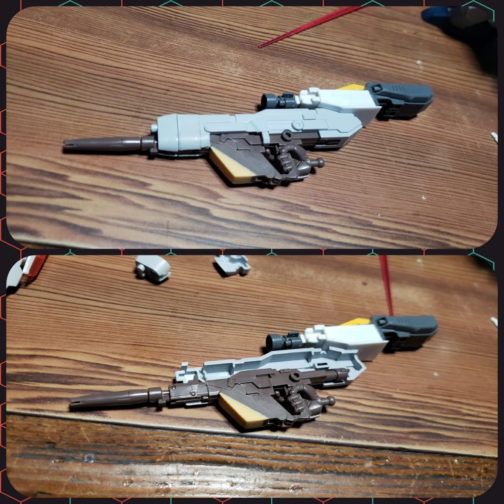 ユーディキウム・ビームライフル構造
幅詰めしたスタインのライフルの上部にTVゼロのツインバスターライフルを取り付けてそれっぽく作ってます(笑)
ギミック的にはMGプロヴィデンスのライフルと同じ様に、カバーを外すと通常のライフルが出てくる仕掛けです(笑)