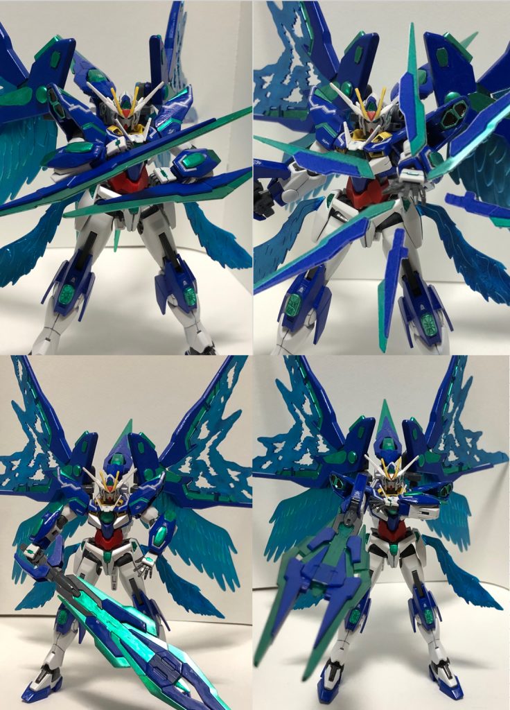 GNソードビットはダブルオークアンタの時のようにGNフィールドとして使用したり、GNソードVと合体してバスターソードやバスターライフルとして使用する他、腕部に固定してブレードトンファーとして使用できるように改造しました。