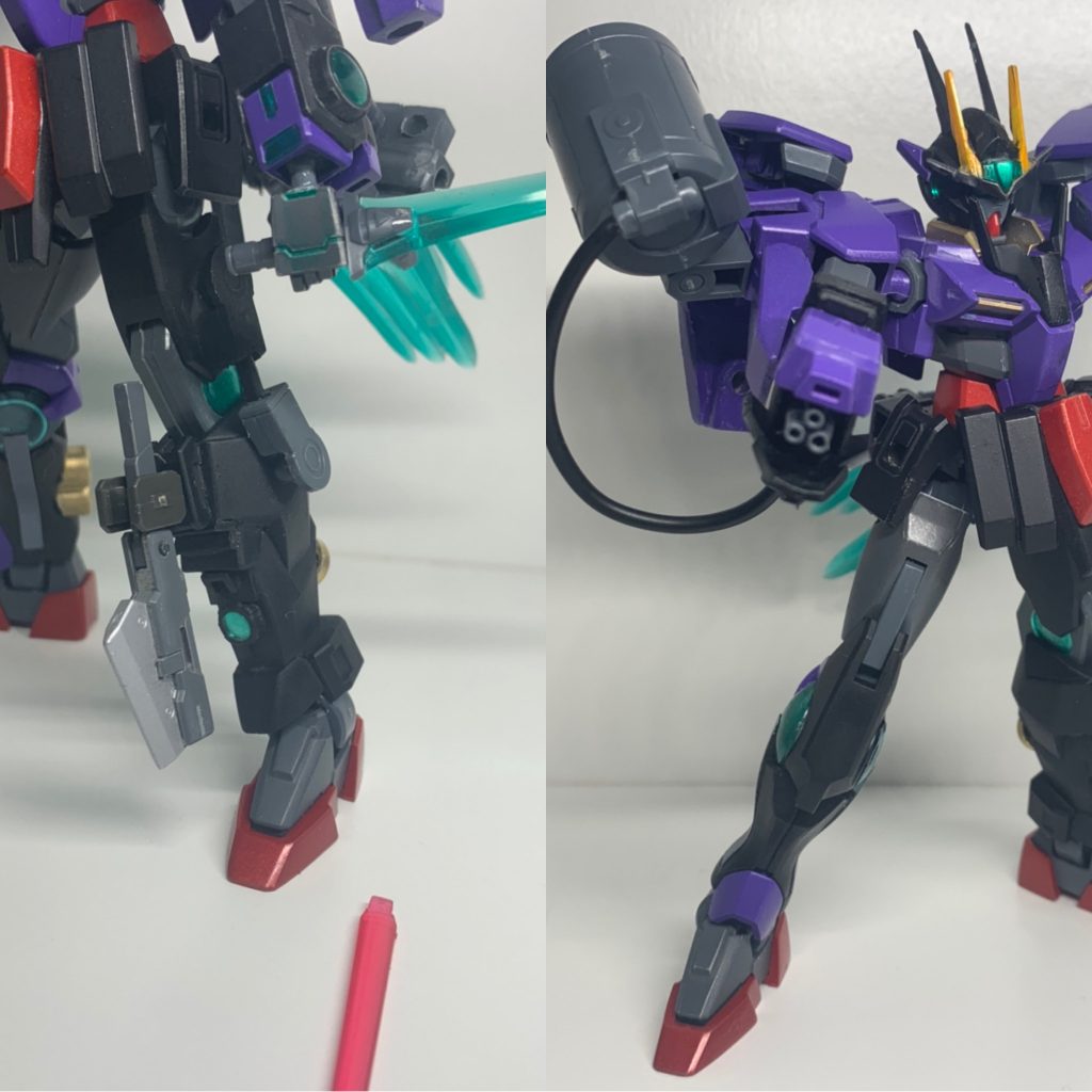 ダブルオーガンダム·ダークナイトリペア
武装はGNビームピストルII、GNビームピストル、短刀ⅹ6、GNビームサーベルⅹ2、左腕ビームガトリング、両腕ビームサーベル