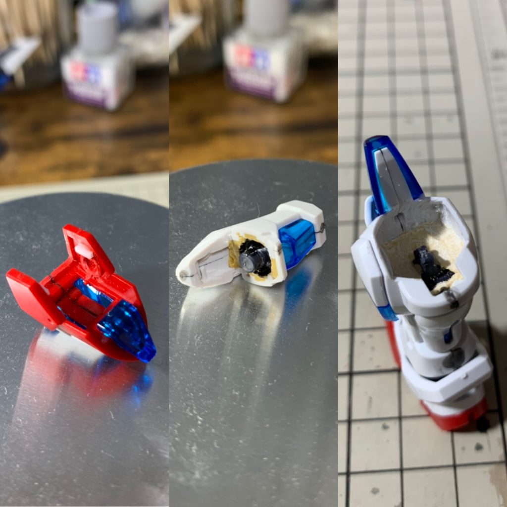 各箇所の接続部の工作です。
ショルダーアーマーはくり抜いて1mmプラ棒で接続部を作成。
アームとレッグもパーツを接着した後、中をくり抜きアースリィの接続パーツをパテで固定しました。