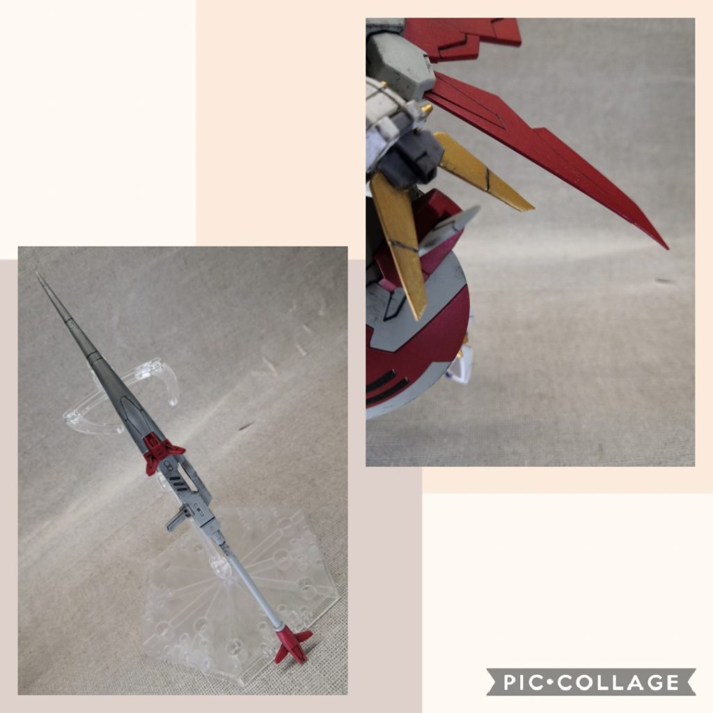 各部をシャープ化。
ランスは先端エポパテで延長して削り、
ショルダーアーマーのフィンは
プラバンで延長しました。

どちらも初めての加工でしたがある程度思い通りになりました。

バックパックのウイングとシールドの角？は削ってシャープ化してます。