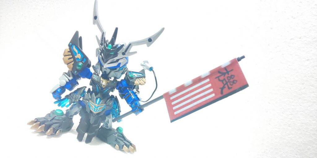 ・機駕の旗(ぎが-)部隊兵に付属する紙を雑コラして二本接続したランナーに巻き付けたモノ。これがあるだけで他の機駕武将と並べやすくなります。
いざ出陣!エイ!エイ!オー!