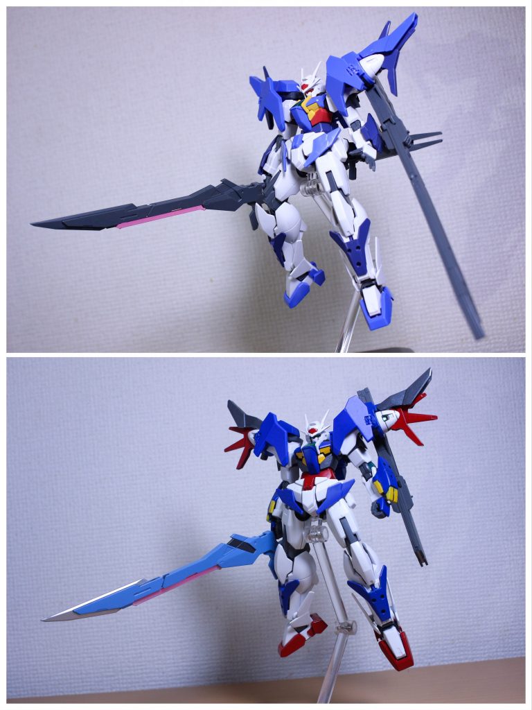 塗装前後。
実はビームソードの接続パーツを破損してしまい、展開時はビーム刃のパーツで何とか繋いでいる状態です…