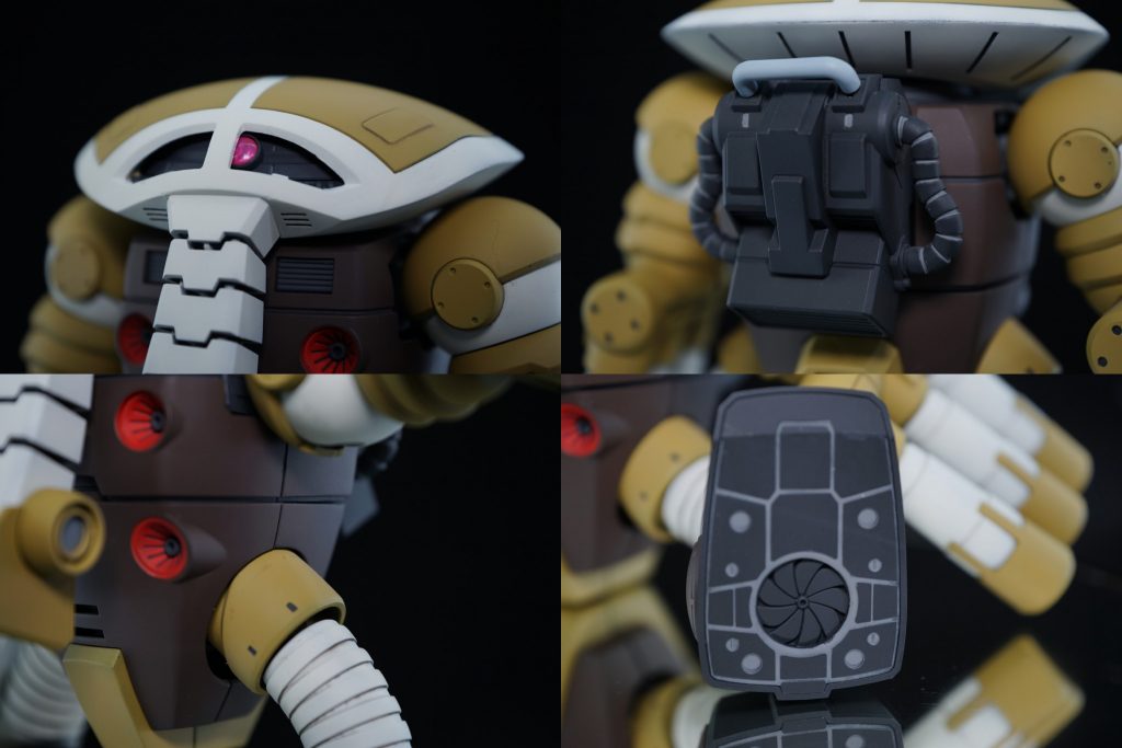 ## 各部のアップ
頭部はモノアイのクリア化と後ハメ、胴体は段落ちモールドによる後ハメですね。
何かモノアイスリットにはカバーがあったみたいなんですが…失くしちゃいました><
バックパック・ソールはエナメル塗り分け。