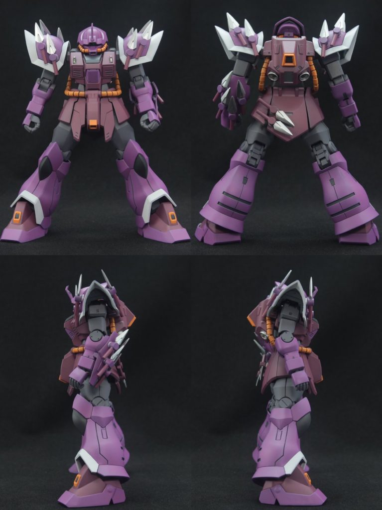 ## 素体 四方から
頭部はアンテナの先鋭化とモノアイのクリアパーツ化程度ですね。
アーマー裏をエナメルジャーマングレーで塗っているのでしまった印象になった…かな?
胸部はほぼ無加工。
腹部はちょっと華奢に見えたので、ブロック形状を崩さない箇所で左右0.5mmずつ幅増し。
肩アーマーは合わせ目を埋め、後ハメ加工を施して塗装後にハメ込み。
腕部は肘と前腕を後ハメ加工を施し、用途不明の穴を埋めていきました。
脚部は合わせ目を消しつつモールドを掘り直し、足首をイジって可動域を拡大しています。