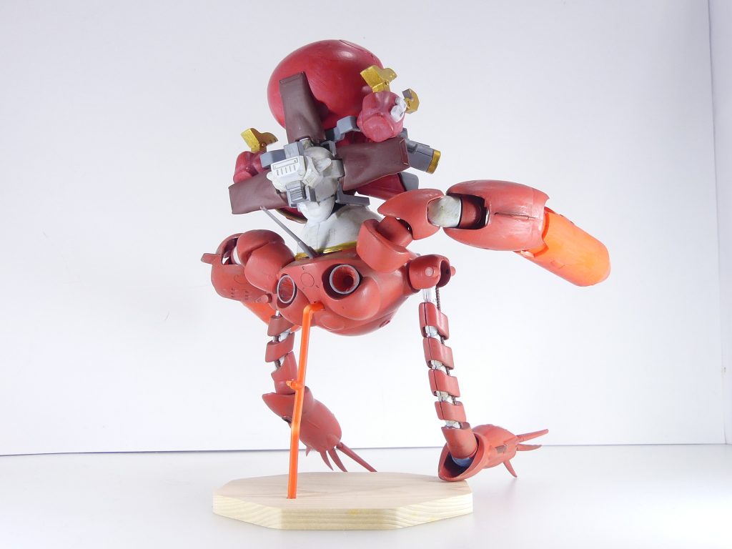 搭乗：サルベージユニットに搭乗しデータの「発掘」を行うことが楽しみであるらしい。この状態ではさらに攻撃力を強化しているが、実際の戦闘で使われることはほとんど無い。乗せて後ろから。ハイゴッグの背中、本来ジェットパックを装備する部分からランナー一本とハイゴッグ腕で無理矢理支えて2000円の条件を満たします。もちろん、脚部など各関節は可動します。