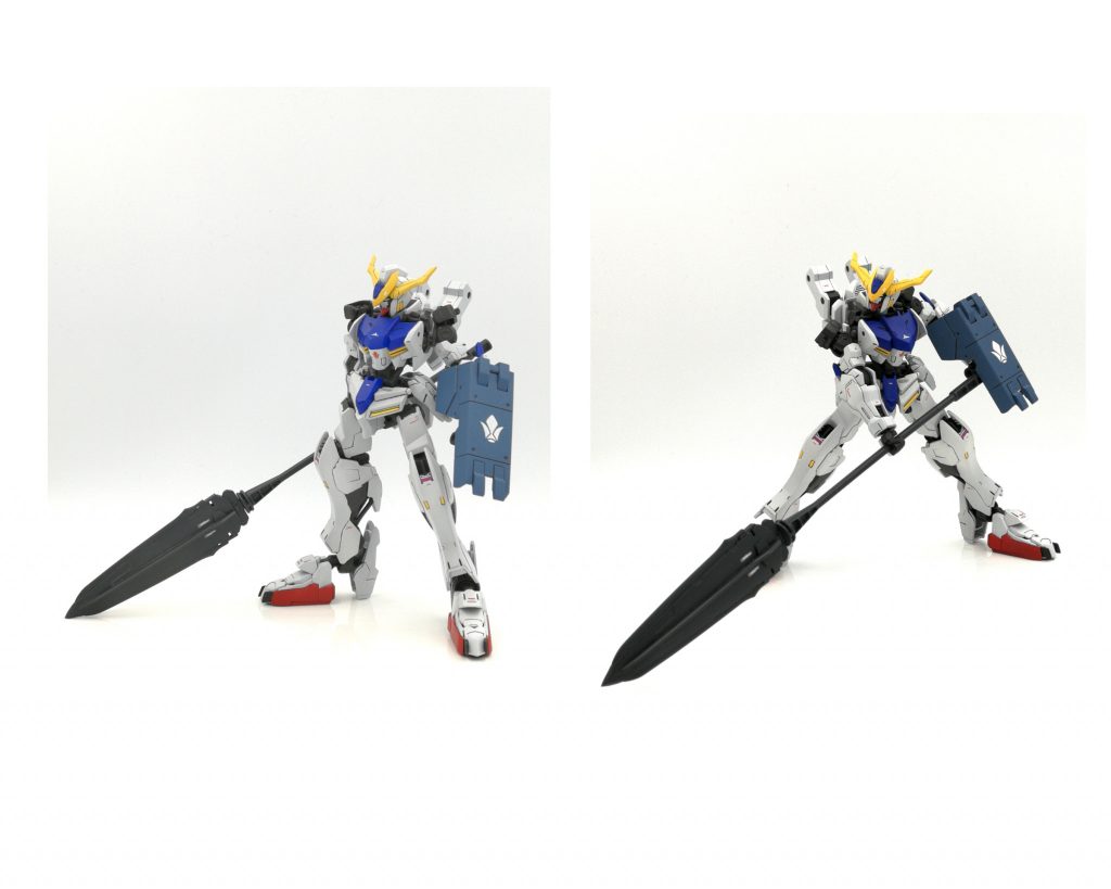 第1形態。こちらはオプションセットのショルダーシールドを左腕に、バエルのバインダーとソードを組み合わせてメイスに仕立ててます。左手はグリップで持つので、メイス両手持ちは出来ませんね···