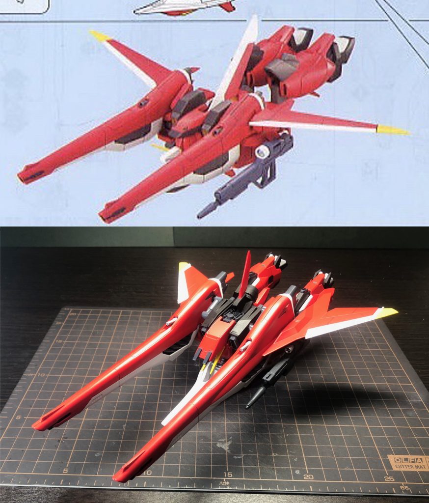 本家(1/144セイバー)との比較です。
MS・MA形態ともに今風のスタイリッシュ体系になりました。
ちなみにベース機体の関係でアークセイバーも1/144スケール設定ですが、ミキシングしているのは1/100セイバーなので、1/144セイバーとの共有パーツは一切ありません。