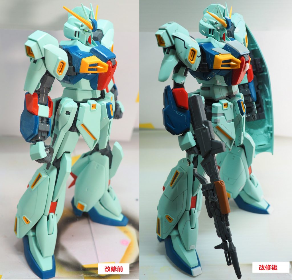 改修前後での比較。
大分スタイリッシュになったかと。
いろいろやってますが、このキットは肩をあげるだけでもガラリと変わるかも。
あとはアンテナ長すぎ。