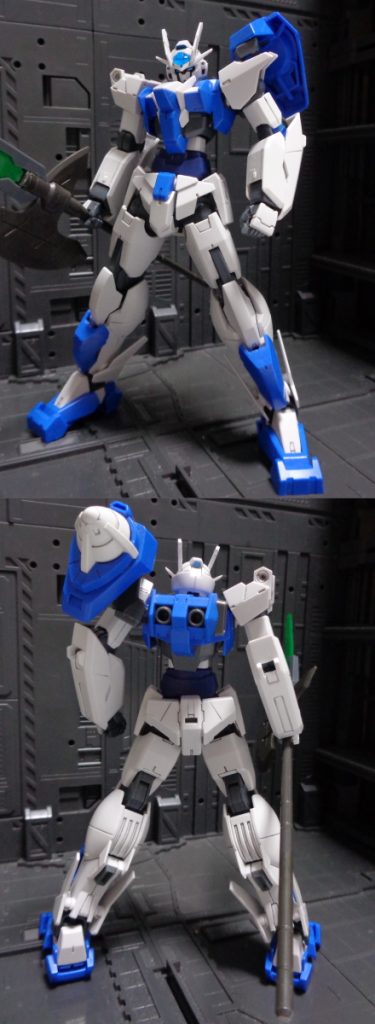 機体前後
多数の敵を相手に長時間単機で戦い続けることを目的に、00系の柔軟なフレーム構造をより堅牢に設計し直した。GN粒子を大量に消費する装備を排し、大出力を発揮出来るように強化された両腕部で振るう近接武器で敵を圧倒する。
GNドライブを左肩に1基、粒子貯蔵タンクをバックパックに、擬似太陽炉を両脚部に2基搭載。