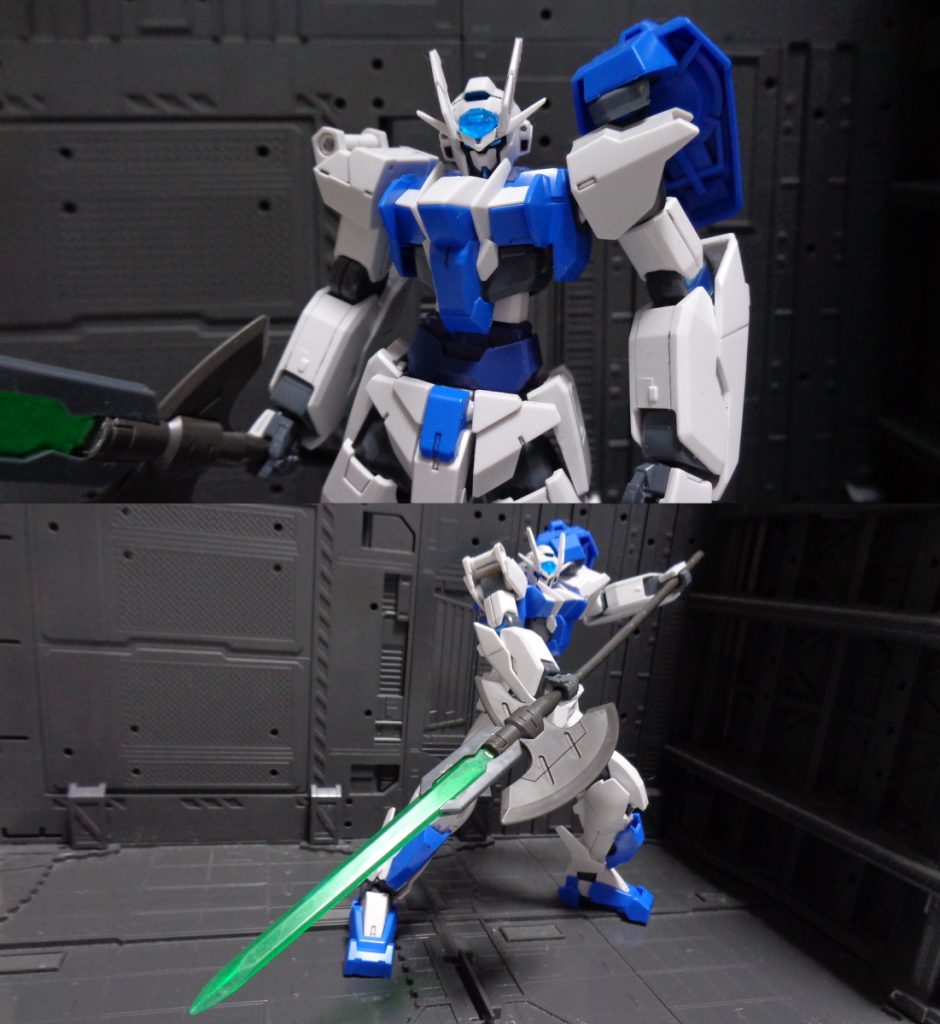 通常武装
①頭部GNバルカン
 ビームの弾丸を高速連射する武装。ガンダムエクシアで両腕部に装備されていたものの発展型だが、両手が長柄武器に占有されている為、頭部に配置された。
②GNハルバード
 超重量金属の斧にGNソードVと同型の刀身を接続した長柄武器。斬る、突く、引っかける、叩く等、変幻自在の戦い方で敵を翻弄する。