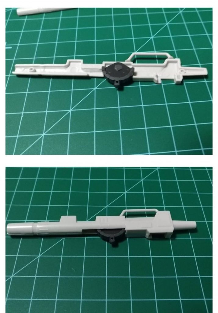 キャノンは設定画だと、空間突撃仕様と通常仕様で形状が異なり。空間突撃仕様が「360mmロケット砲」、通常仕様が「240mmキャノン砲」と異なる物であるという記述が散見されたので旧キットのものをセミスクラッチして稼働するようにしました！