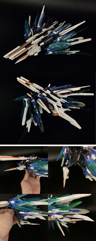 分離されたバックユニットのIGEL(イーゲル)です。
格納されていたオーライザーの機首部分が展開して飛行機のように。
操作はAIおよび母艦からの遠隔という設定です。
AI操作時は本体との距離を一定に保ちつつ、適度に援護射撃するイメージです。
また、太陽炉を両翼のバインダーに格納してあるので
分離した本体へのGN粒子の補給・近接用武器の換装など、簡易ベースの役割も持ちます。
残念ながら他の機体を乗せて移動することはできないですが、掴まれば移動ベース代わりにもなるんじゃないでしょうか(笑