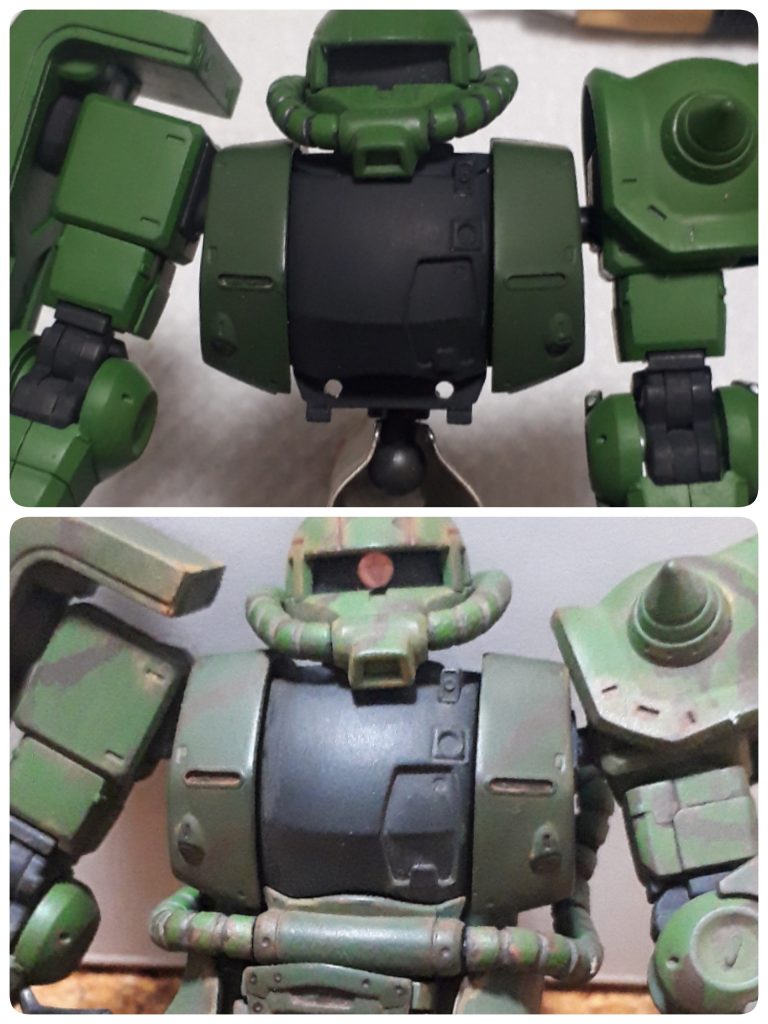 上は塗って乾かしてるところ、　下が汚し第一段階　だいぶ印象が変わったと思います。