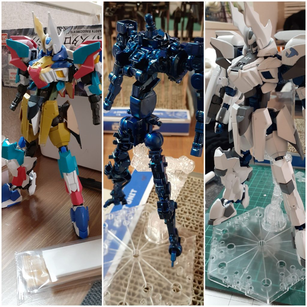 塗装前のだいたい形が決まってきた頃。今回のフレーム。塗装後。分かりづらいのですが、ツインアイはバルバトスルプスのシールを使っているので、緑なんです。シールド一体型のロケット砲は、グレイズの腕の肘から手首までのフレームを使ってます。