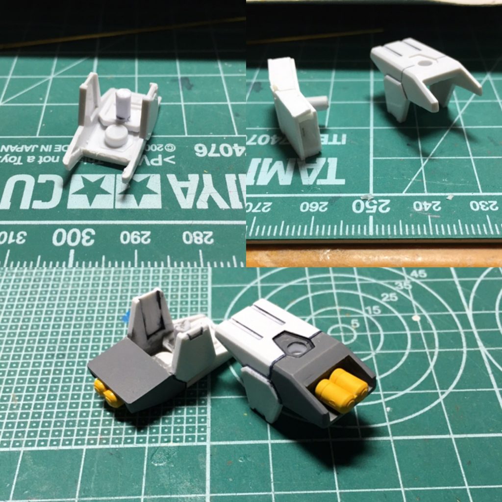 　しれっと登場していたグレネードランチャーは、Ez-ARMS付属品を改造して製作。
1,2:電磁ナックルなどの装着部分をノコで切り離し、0.75mmプラ板で下と後ろからフタをします。
3:弾頭はヘイズル改付属のもので、肩口に装着する角ピンを切り離して、塗装後に接着。