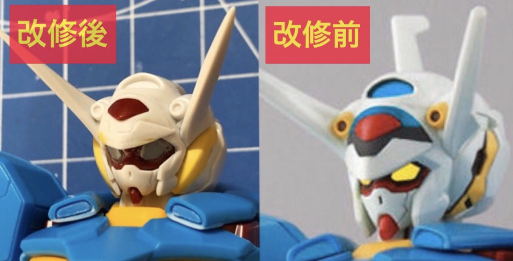 今回、
最もこだわったのがこの頭部です。
元のキットからの変更点は、
・全体の丸みの再現
・ヒサシ、フェイス部の角度変更
・ツアンアイの面積拡大
・マスク、顎、頬当ての縮小
・耳当てのボリュームアップ
などです。