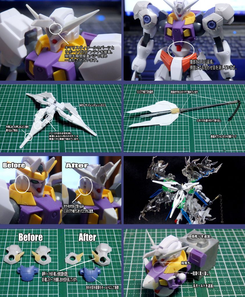 製作過程におけるいくつかの画像をピックアップして載せています。これより他の工作箇所・内容などにつきましてはこちらからご覧ください。(ツイッタ―へのリンクになります)https://twitter.com/yuuya_gunpla/status/1221818323832209409
~COLORING DATA~
〔(C)→Mr.カラー (G)→ガイアカラー (T)→タミヤカラー〕
黒1=ミッドナイトブルー(C)黒2=ミッドナイトブルー(C)+グレーFS36622(C)赤=ニムバスレッド(C)関節=ニュートラルグレー(C)+パープル(C)胸部ホワイト=ニュートラルグレーⅠ(G)ツインアイ=スターブライトシルバー(G)→色ノ源マゼンタ(C)(右目)、クリアーグリーン(C)(左目)槍、テールユニット爪部=ウイノーブラック(C)→スターブライトシルバー(G)にてラップ塗装→GXディープクリアレッド(C)
エフェクトパーツ→Mr.フィニッシングサーフェイサー1500 ブラック(C)→スターブライトシルバー(G)→クリアーレッド(C)→クリアーブルー(C)→GXクリアーパープル(※詳しくはツイッタ―の製作工程をご覧ください)
~製作秘話(?)~
今作のG-テンペストはいわゆるガンダムビルドダイバーズにおけるレイドボスやガンダムゼルトザームような、いわゆる敵ガンプラにあたります。なぜ敵ガンプラを作ることになったのかというのは自分自身がガンプラバトルで使用するガンプラとして製作したレガリアムガンダムの存在が大きいです。
せっかく自分用のガンプラを作ったのならそれと敵対するガンプラ欲しいよなー、じゃあ作るかとそういう流れです(笑)
G-テンペストという名前は「嵐」とネットゲームなどにありがちな「荒らし」をかけたダジャレのようなものです(o'ω'o)ゞGBNをこれでもかこれでもかと荒らしまくる嵐です。