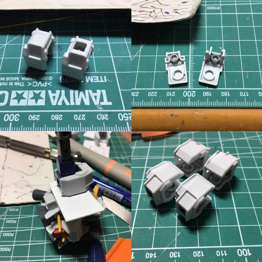 　「何で左肩にキャノンついてるの？」と疑問に思った方もいらっしゃるでしょうからご説明。

1,2:左肩の天面をくりぬきます。左肩内部にウェーブのプラサポを接着し、ポリキャップを仕込みます。既に製作された方はご存知だと思いますが、右肩のポリキャップは天面ギリギリのところに組み込まれてますが、左肩の改造は強度を考慮して同じようには出来ませんでした。

3,4:肩アーマーはヘイズル改の時と同じく、独立化させます。3mm穴を開けた0.75mmプラ板で側面をふさぎます。この位置決めの際、腕を横に上げておくことでクリアランスを確保しています。おそらく元の位置より上になってる気がしますが…。
C面の部分で凹んでいるので瞬着を流して隙間を埋めてあげましょう。