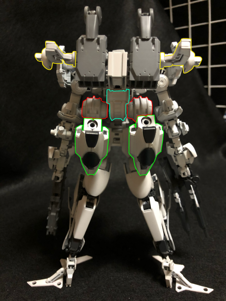 *2
バックパックに主要機能が集まっている。
武器懸架機能のハンガーアーム(黄枠)
バックパックに3基あるリアクターのうち
両サイド2基(赤枠)は直結のエイハブスラスター(緑枠)へ
推進剤が不要なエイハブ・スラスターを用いている為、永続飛行が可能
(水色枠)中央はカレント・ウォール(後記)へエネルギーを供給