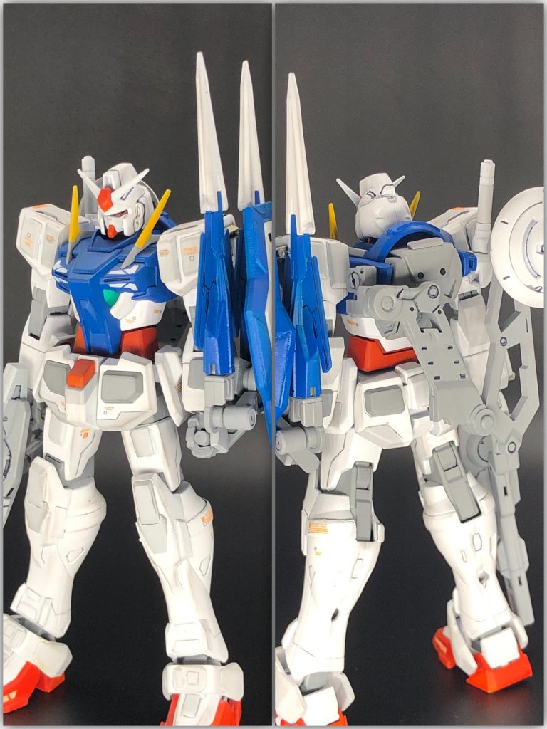 カラーベースは実戦使用やエクシアに寄せてみました。初めてエアブラシを買ったので塗料を調節して近い配色で色分けして軽く汚しをしてみました。