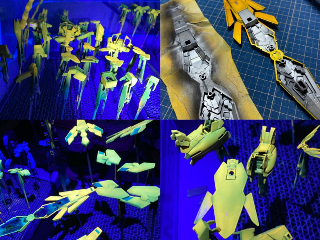 塗装中のパーツ。蛍光オレンジ。
ブラックライト当てるとこんな感じ