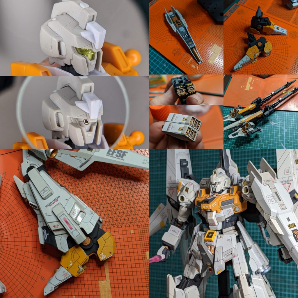 今回のは脚が1番気に入ってます。
分割パーツで構成されてみえるように、既存のモールドを深彫りしたり、少しプラ版でディテールアップしてます。胸はキットのままだと平坦であっさりしているのでガンダムぽくしました。