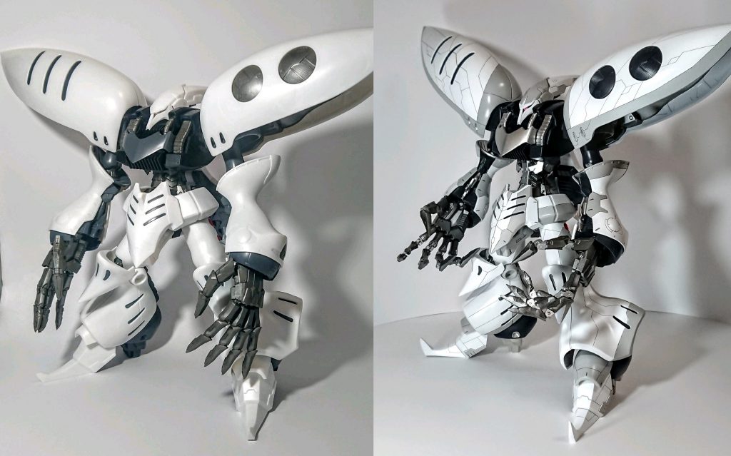 素組みとの比較。
猫背な印象を受けたので、腹部を中心に延長し、プロポーション改善しています。
スジ彫り追加、つま先延長、塗り分けなど、細かいところでもいくつか変更を加えています。