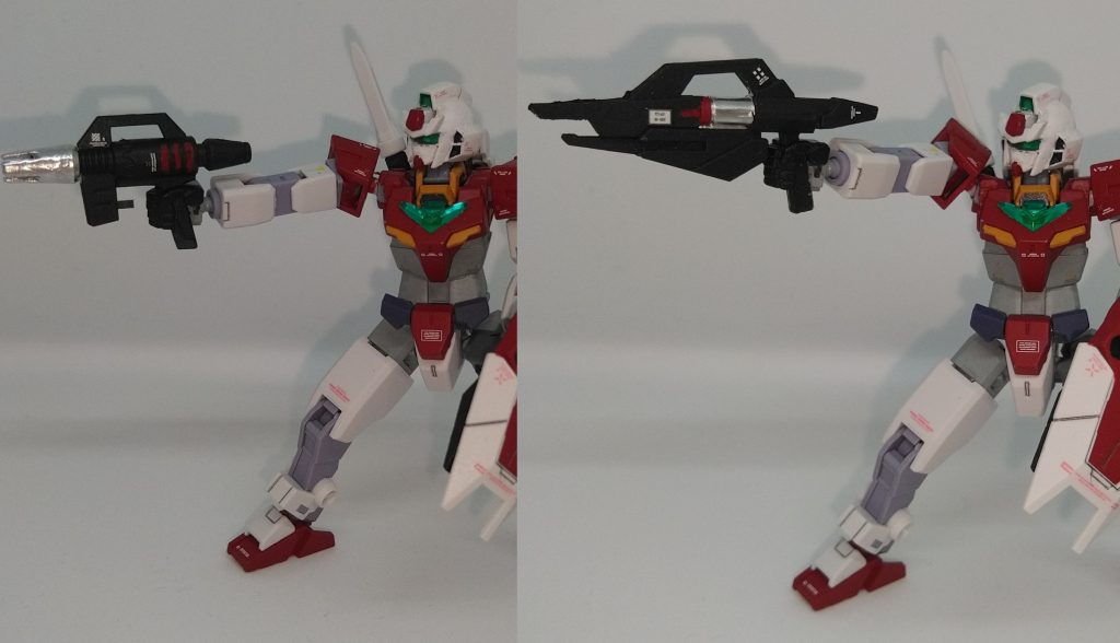 左ビームスプレーガン GMと言えばこれみたいな武装ですね。インターセプトカスタムから持ってきました。
右コアスプレーガン コアガンダムと言えばこれみたいな武装、似た者同士の武装ですがこちらはカートリッジ式で予備カートリッジがシールド裏に装着されています。