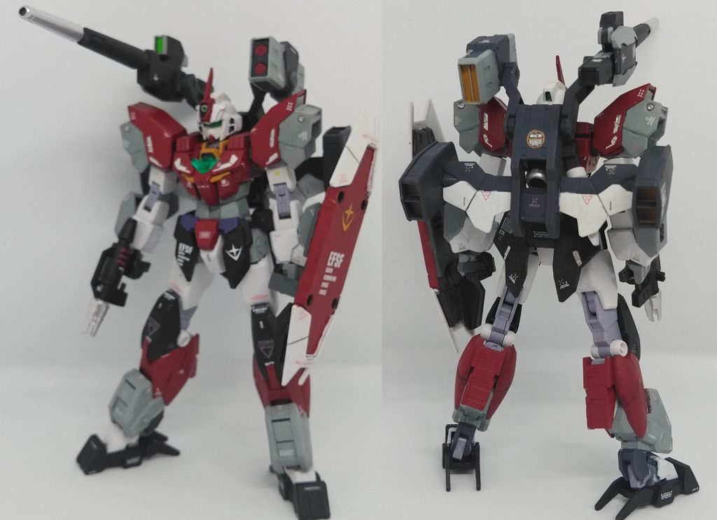 量産型ヴィトルーガンダム ハンドミサイルが無い事とビームキャノンとミサイルポッドが左右逆に装備されている以外は普通のヴィーナスアーマーと性能は変わらない。カラーはジムキャノンを意識したのですが、足回りが細いのでジーラインライトアーマーに見えますね。