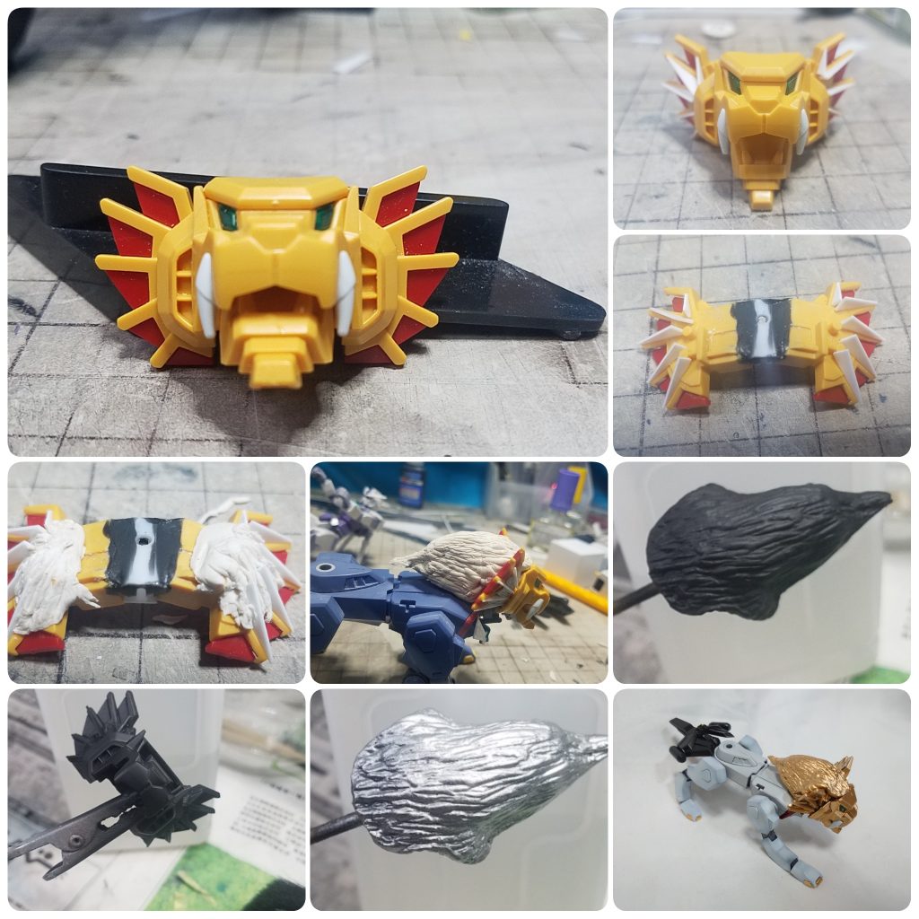 胸のギャレオン顔はカワイイのでたてがみを半分に折って、角度変更です粘土でたてがみを表現させます後頭部、咽喉部も粘土を使用してます胴体はバグゥを使用しましたガオガイガーモードのときのみフェイスを使用してます