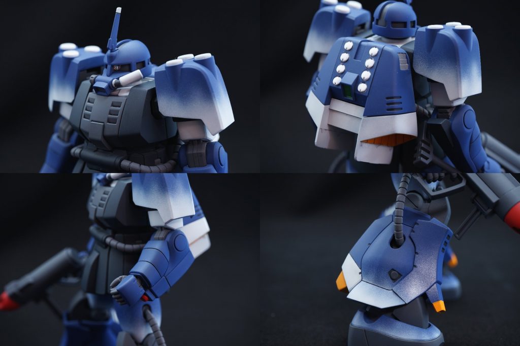 ## 各部のアップ
頭部はメット状にくり抜いて後ハメして市販のモノアイを貼り付。胴体は段落ちモールドによる後ハメですね。

胸部のジェットインテークもコリコリ彫り込んで立体感を出してます。

腕部は合わせ目を変更して後ハメ。

脚部は膝関節～大腿部の後ハメ加工＆合わせ目消し。
ハイドロジェットとザク本来のパーツを彫り込んで