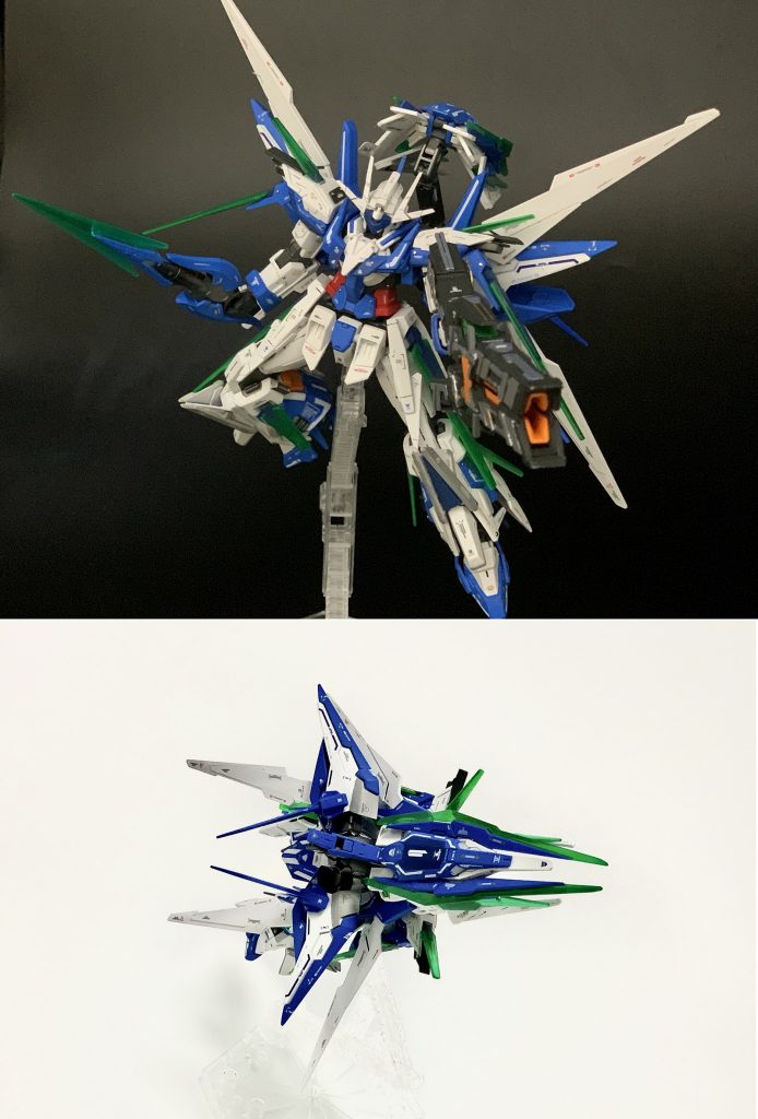 ポーズと変形(ストライダー)モード
機種になっている部分は00クアンタのシールド部分。
そのままでは下からだけでなく、横からも顔が丸見えだったので
覆うようにプラ板で応急処置してます。
変形方式はキュリオスと同じガニ股開きの顔丸見えってやつです。下からみちゃいけない。写しちゃいけない(笑