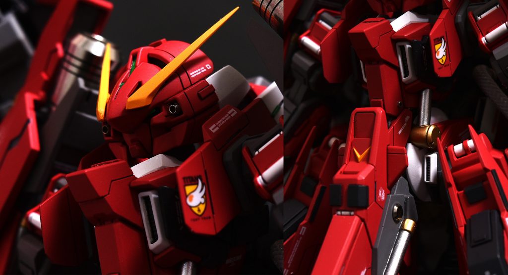 頭部形状を変更、バルカンをメタルパーツに置換えお腹周りが寂しく感じたためシリンダーを追加しました。