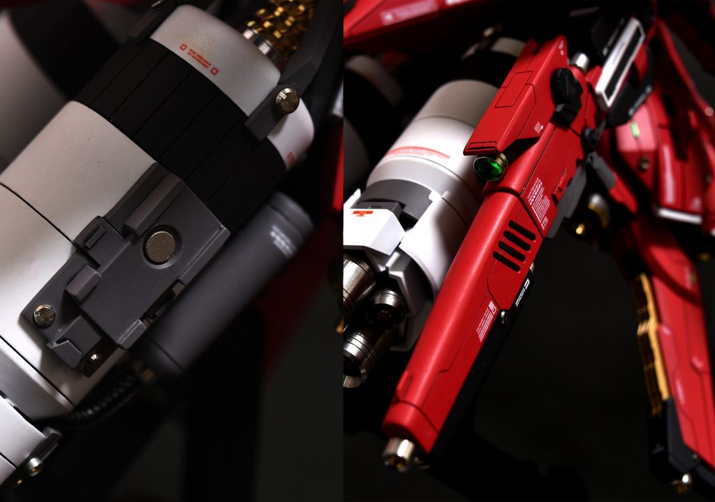 塗装後に発覚した大誤算…。Eパックを取付けたせいでライフルが構えられないことが発覚！あたかも初めからそうするつもりだったかのように、それっぽいパーツを制作し、プロペラントタンクにマウントできるようにしましたｗ（マグネットが仕込んであるので取り外し可能です）