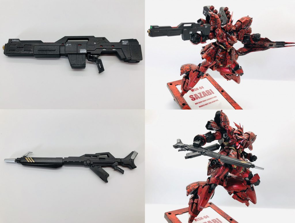 ビームライフルと限定付録のロングライフル。

細部までしっかり塗装しました。ロングライフルは、よく見るポーズを再現できる専用右手パーツも付いてくる！
