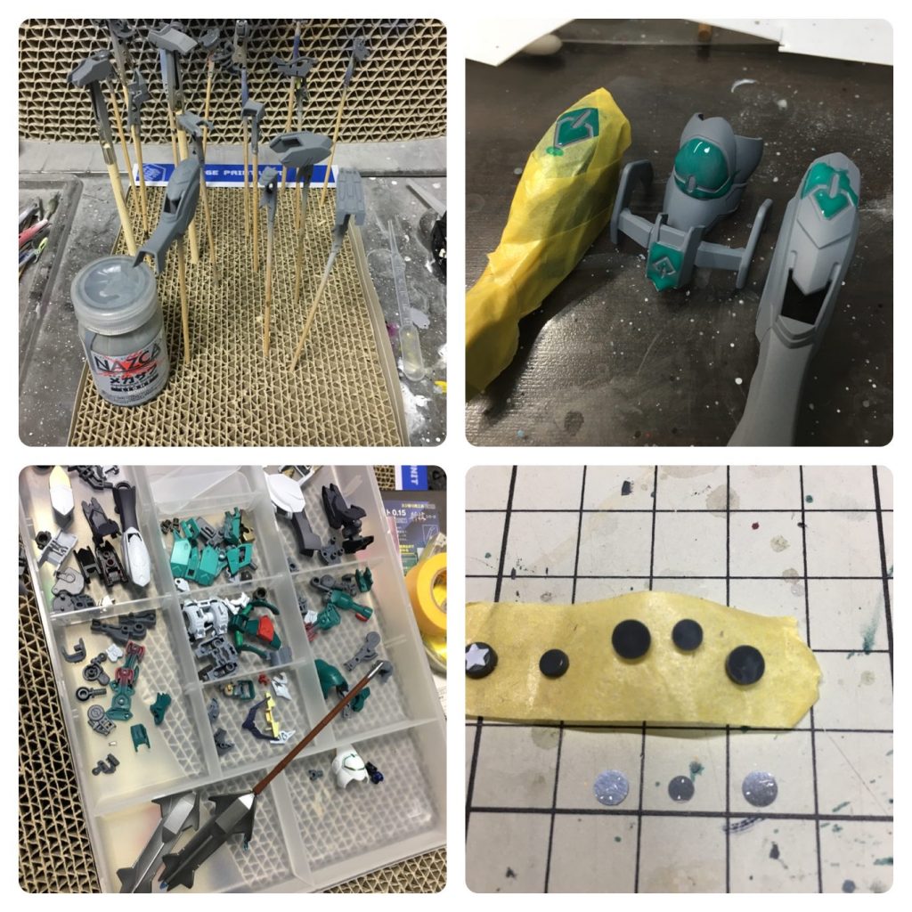 本体はサフで色を揃えてから塗りました。マークの細かい塗り分けはマスキングゾルを使ってみたり、タミヤエナメルのチタンゴールドを使ってみたりと色々試しました。
ボタンはいくつか作ってみてしっくり来たものを使ってます