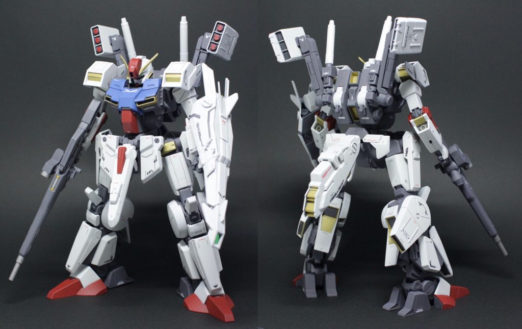 前後写真。
シルヴァバレトをベースに傭兵がカスタムして運用している設定なそうです。
武装はビームライフル、シールド、ビームサーベル、肩部キャノン砲、インコム、三連装ミサイルポッド、それからインコムを流用したおでこのユニットもビームキャノンとして運用可能だそうです。