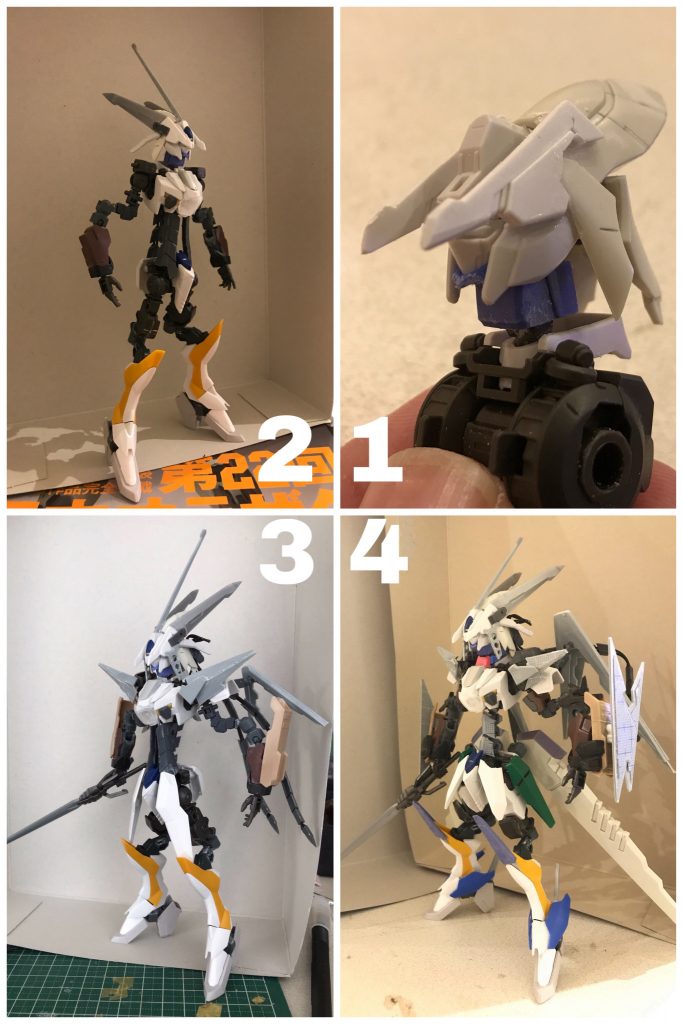 ## [制作途中]

頭部から始めた流れです。肩やバインダー、フライヤー、腹装甲などはスクラッチでの制作に挑戦しています。

3番目で一通りの形はできたものの各部位に納得がいかず肩とバインダーを作り直し、他の部分もサイズを調整して、最終形に辿り着きました。