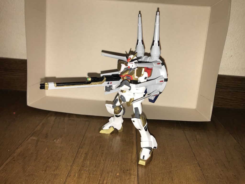 ドラグーンシステム本機の最大の特徴の一つであり、「ZGMF-X666S レジェンドガンダム」を基にして搭載されたオールレンジ攻撃兵装。量子通信によってコントロールされる複数のビーム砲端末を同時に無線誘導し、複数の攻撃目標に対し全周囲からオールレンジ攻撃するというもので、戦闘区域を単機で完全制圧することを可能としている。ビーム砲端末は、円錐形大型タイプが背部プラットフォーム最上端に2基、スクエア形小型タイプが背部プラットフォーム側面に6基、同じくスクエア形小型タイプが腰部に2基、それぞれ10基装備されている。ビーム砲端末自体には、大型バッテリーが内蔵されており、稼働時間も充分に長い。機動力も非常に高く、重力下でも使用可能。本機の操縦の主導権が、科学者の意識である為、こちらはパイロットの空間認識能力を必要としないものの、肉体的な操作は必要なので、パイロットへの相変わらず負担は大きい。大型タイプ1基につき9門のビーム砲を内蔵する他、砲自体から小型のビームスパイクを形成し、直接打撃を与えることも可能。また、本体への連結時はそのままデバイス中央部のビームが発射可能な他、背部のプラットフォームごと前方に90度倒した砲撃姿勢を取ることもできる。小型タイプ1基につき2門のビーム砲を内蔵し、ドラグーン本来の分離式のビーム攻撃端末としての機能の他、機体との連結時は可動式砲台としても使用できる。この場合、前方に砲口を集中させ面制圧攻撃に用いることが多い。また、背面に撃つことで死角を補い、奇襲的に扱うことも可能。ちなみに、この状態でビームを放つ場合、本体からビーム砲端末へとエネルギーが直接供給される為、その威力は大幅に上がる。