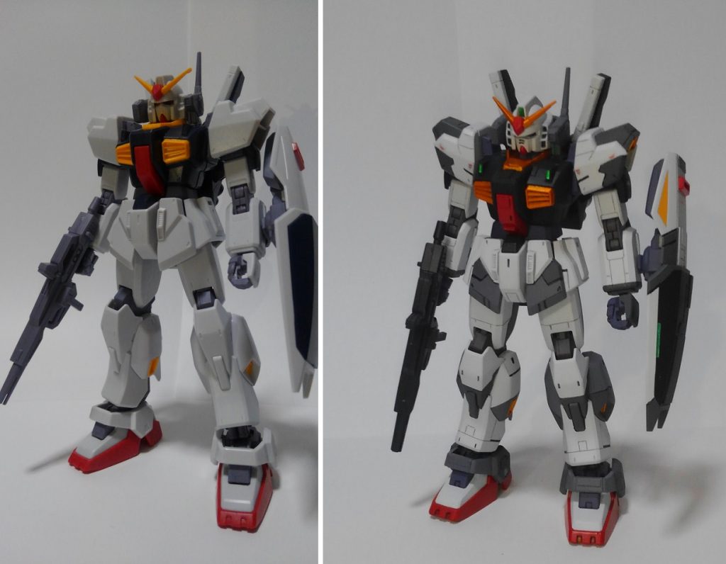 Mk-Ⅱのみ、パチ組と比較。
工作面では人生初のスジボリと一部プラ板貼り付け。
上述「M.S.G」のモールドパーツも使ってみました。
塗装面ではエゥーゴカラーをベースにグレー系で色分けにも手を出してみました。
スジボリはネットを見ながら色々試行錯誤。
これで終わり→もうちょっと彫りたい・・・の繰り返しでここが一番時間を費やしてしまいましたw
失敗点としては
・スジボリ初めて、ということでまっすぐに彫れなかったところがちらほら。
・細くスジボリしすぎて墨入れが中途半端
・Mk-Ⅱ本体のグレー塗装がもうちょっと控えめにするつもりが思いのほか黒味が強くなってしまった。
です、この辺は今後の課題となりました。