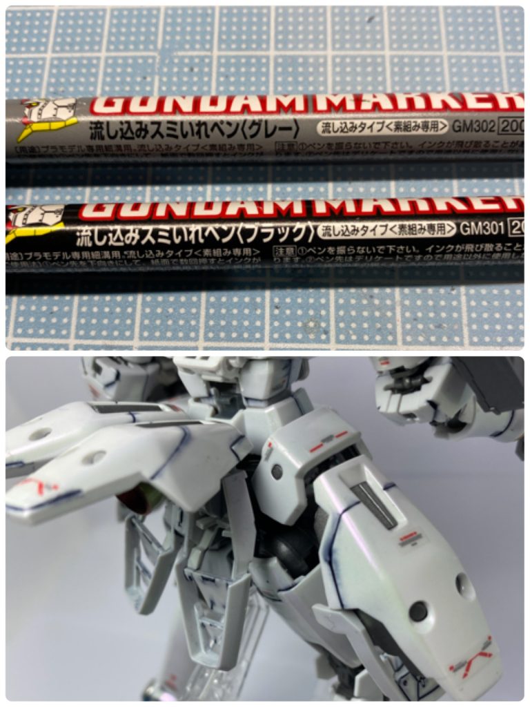 前作で塗装後にクレオスの素組み専用スミ入れペンを使用したところ、塗装が溶けてしまいました。
今回はスミ入れ後にパール塗装をしたところ、ニジミが発生。
やはり素組み専用は素組み専用でした。
ペンの塗料が強すぎなのかな？