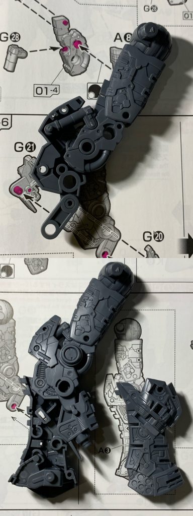 他のRGと違って、フレームは関節部品を一つずつ組み上げて行くタイプ。アドヴァンスドMSジョイントはフィンファンネルの骨組みのみに使われています。