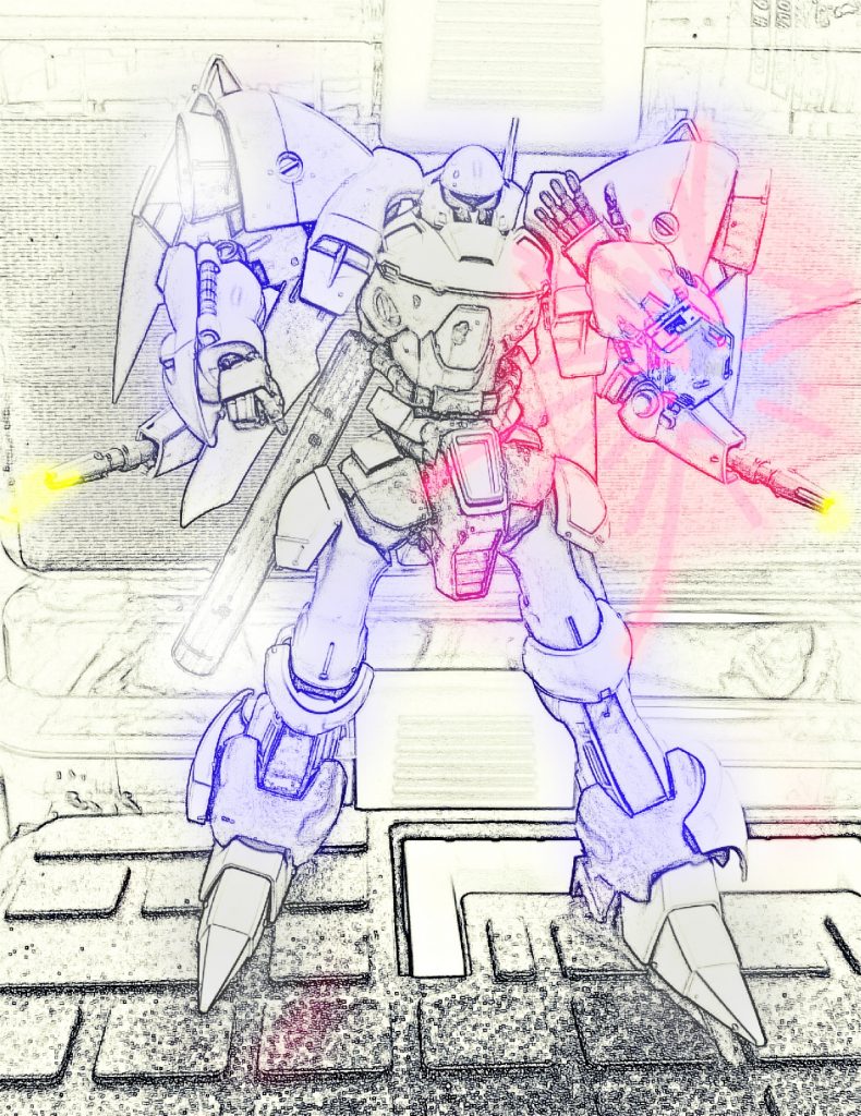 胴体部分は黒系統、四肢は青系統をイメージ。
ビームシールド展開。サブアームからビームサーベルを出力。