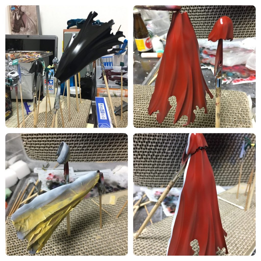 マントの塗装工程。サフレスの黒立ち上げです