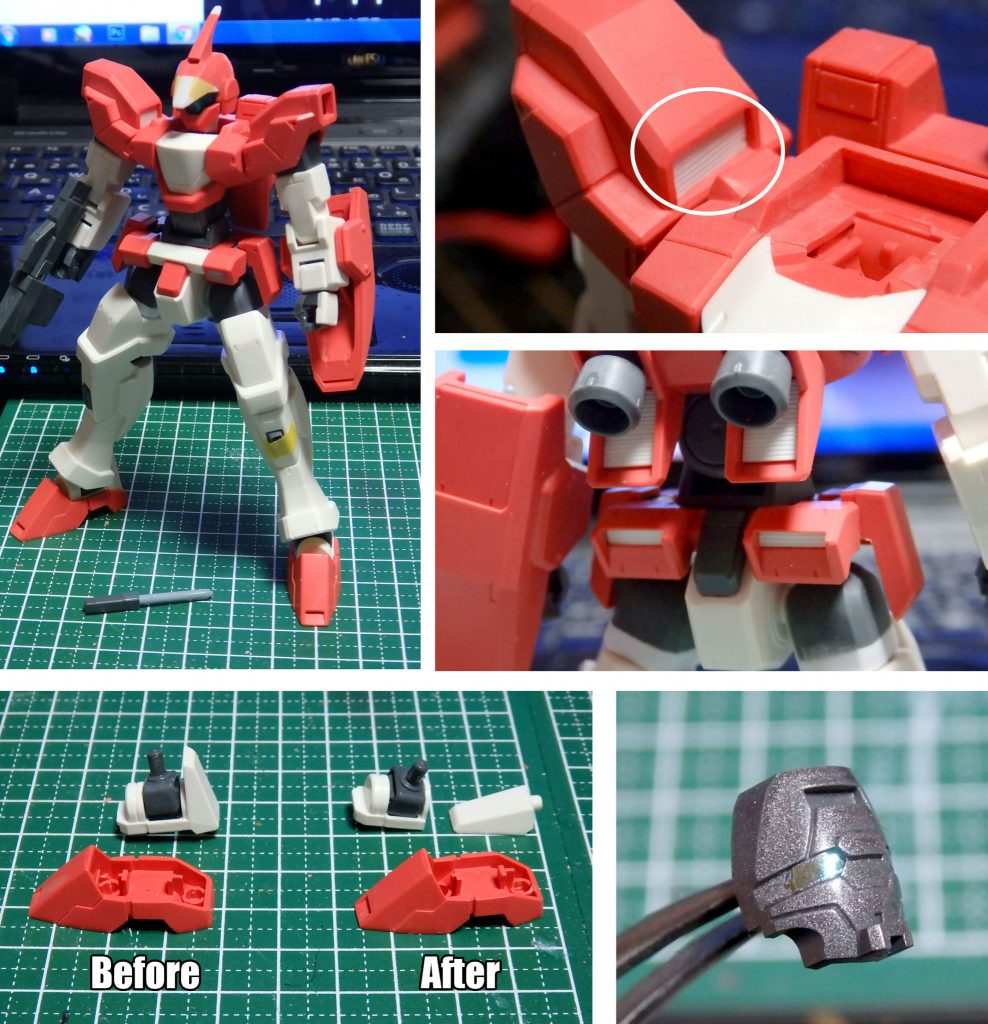 今回はジェノアスⅡのキットの素性を活かしながら、主にプロポーションの改修とディテールアップ、形状変更を行っていきました。
*プロポーションの改修*
・首ポリパーツを1.5ミリ延長
・太腿関節パーツを3ミリ延長
*ディテールアップ*
・肩、バックパック、リアアーマーへスリット入りプラ板を使いエアインテーク、スラスターのディテールを追加
・サイドアーマー側面に丸モールドを追加
・胸部、上腕へジェノアスⅡのハイディテール画稿を参考にした筋彫りを追加
・膝下部分のプラをくりぬきバーニアパーツを埋め込み、塗装後に接着
*形状変更*
・頭部ヘルメットをバイザー風になるようジャンクパーツとエポキシパテを使い造形、アンテナを延長
・頭部チンガード部分に段落ちを追加、塗り分け
## ~COLORING DATA~
緑=クールホワイト(C)+ライトブルー(C)+ルマングリーン(C)+スカイブルー(C)+蛍光グリーン(C)
白=Ex-ホワイト(G)
関節グレー=メカサフヘヴィ(G)
ライフル・サーベル基部=エクストラダークシーグレー BS381C/640(C)
フェイスパーツ、バーニア=焼鉄色(C)
ビームサーベルエフェクト=Ex-ホワイト(G)→色ノ源マゼンタ(C)でグラデーション塗装
フェイスパーツのツインアイにはメタリックシールを貼り込んでいます。
