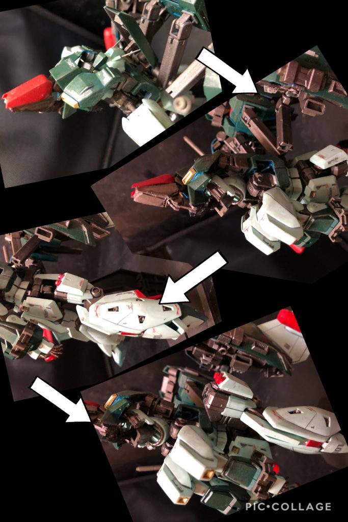 ① コクピットブロック、胸部装甲を上部に上げる。頭部は内部で繋がっている為、連動して頭部が収納される。
② 肩を下げつつ内側へ可動身体の内部へ収納する。
③ 脚を折りたたむ。
④ 脚の関節部分を展開、身体の横に移動する。