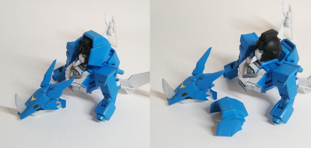エクスブイモン頭。一応ガンダムフェイスが隠れてますがまた隠れます。パイルドラモンとの頭部の兼ね合いをどうするか悩み頭部を丸々隠すことに。コアガンダムの頭部は差し込み箇所が多くて素晴らしい。後頭部だけ穴開けました。