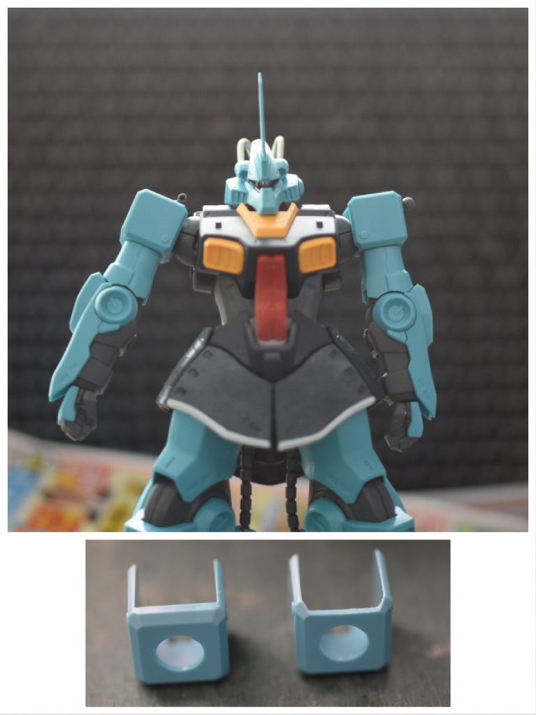 右腕が加工前。素では、腕が真っ直ぐ下りないので、肩パーツを違和感の出ない程度切り欠いて、左腕のように腕を下ろせるようにしてます。