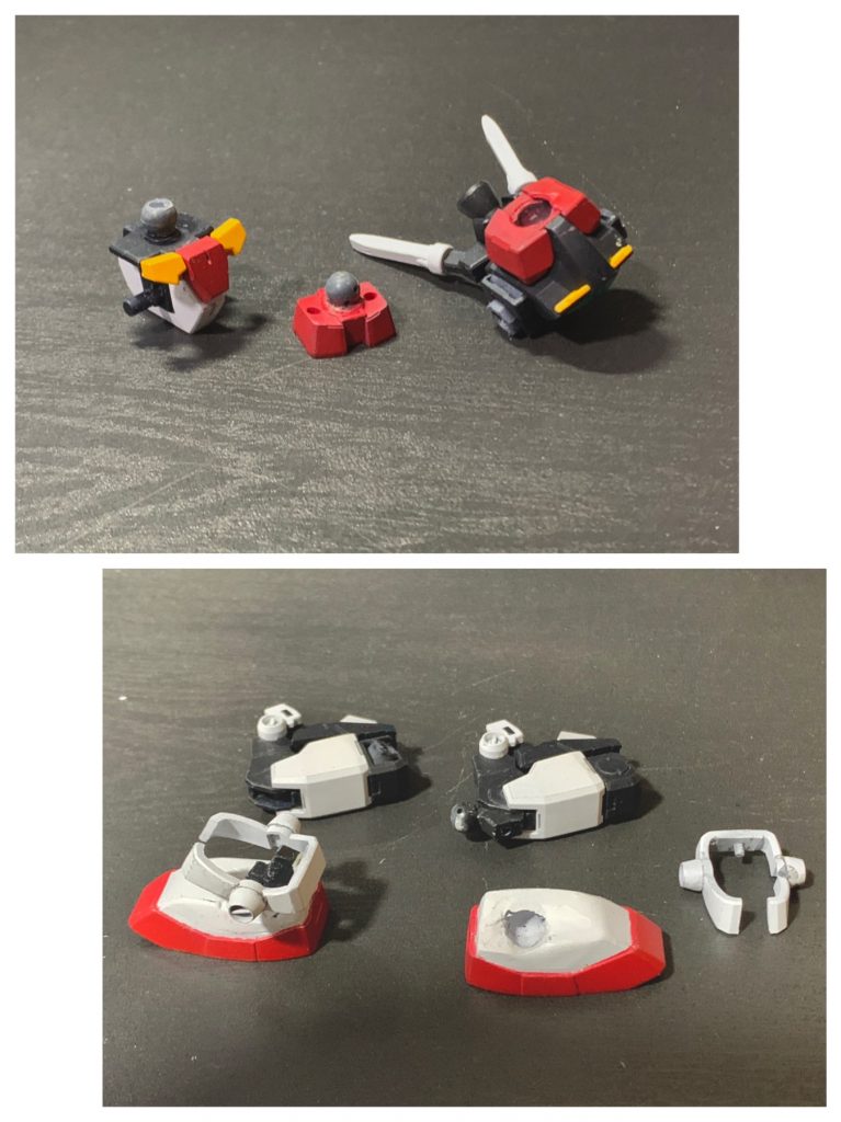 コアガンダムの腰はこの様に上の段と下の段の接続をボールジョイントに置き換えてます。このことによりSD化した時に腹部を短縮できる様になっています。また、腰側のボールは付属のポリキャップだとキツすぎるのでSDフレームの首のボールを使っています。足の変形についてまず、太腿のロール軸で180度回転させてから、膝を最大に曲げて足を折りたたみ、膝関節の隙間にジョイントを差し込んでいます。ブーツ部分はSDEXのものですがボール受けをボールデン系に変えて、角度をつけて配置しています。(追記終わり)目のパーツはエポパテで作成したものを型取りして、UVレジンに置き換えています。瞳は筆で描きました。アイパーツは瞳のないバージョンも用意してまして…